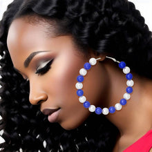 Load image into Gallery viewer, Blue &amp; White Pearl Hoops
