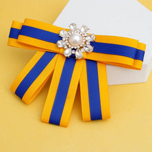 Load image into Gallery viewer, Blue &amp; Gold Bow Tie Style Brooch

