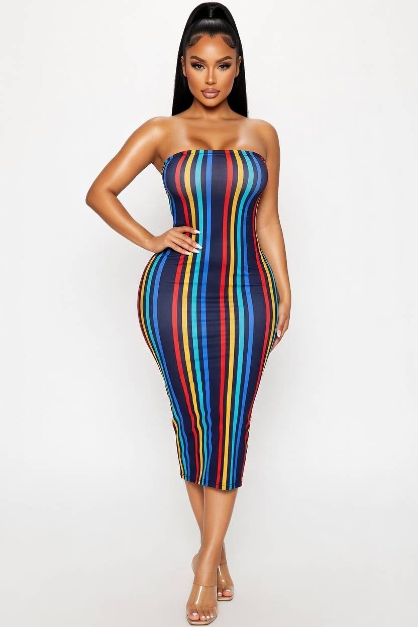 multi colored midi dress COLOR STRIPE TUBE Color:White Pearl Chiffon / White Pearl Satin CHECKERED BCBGMAXAZRIA Grey Cain Sequin stripe print pops in