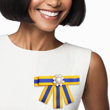 Load image into Gallery viewer, Blue &amp; Gold Bow Tie Style Brooch
